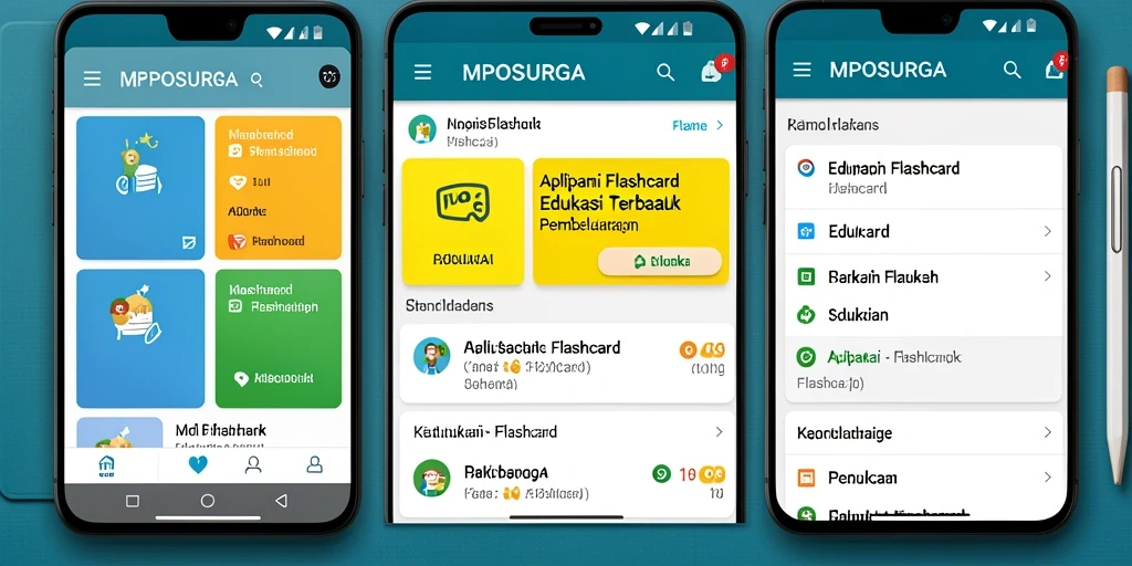 Antarmuka aplikasi MPOSURGA dengan fitur flashcard yang interaktif.